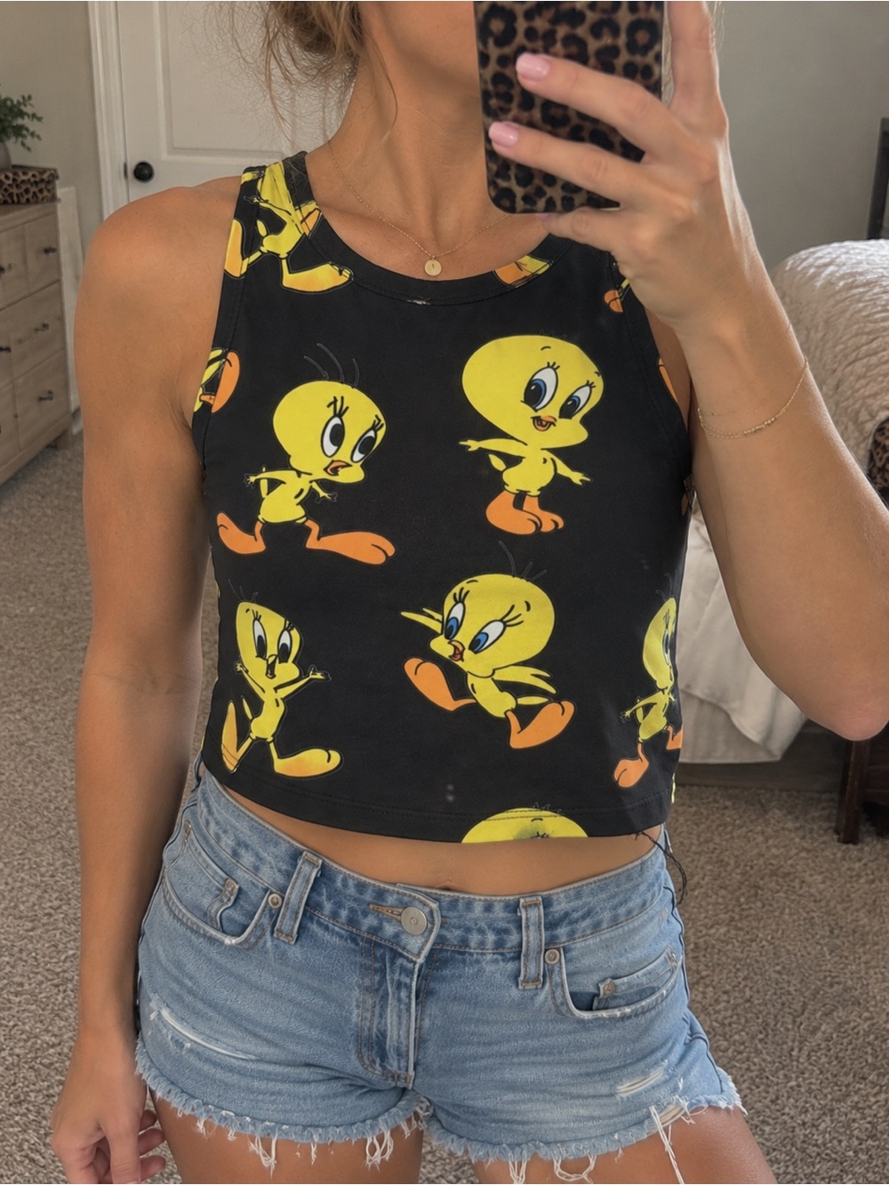 Tweety Graphic Crop Tank Top - Black & Yellow
